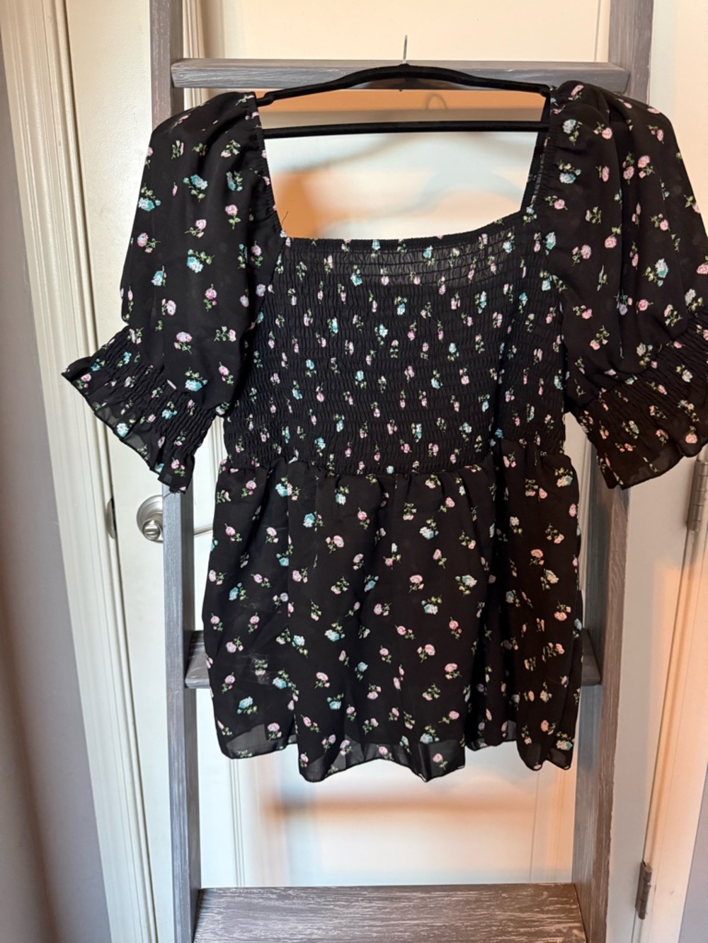SHEIN Smocked Square-Neck Black Floral Peplum Top